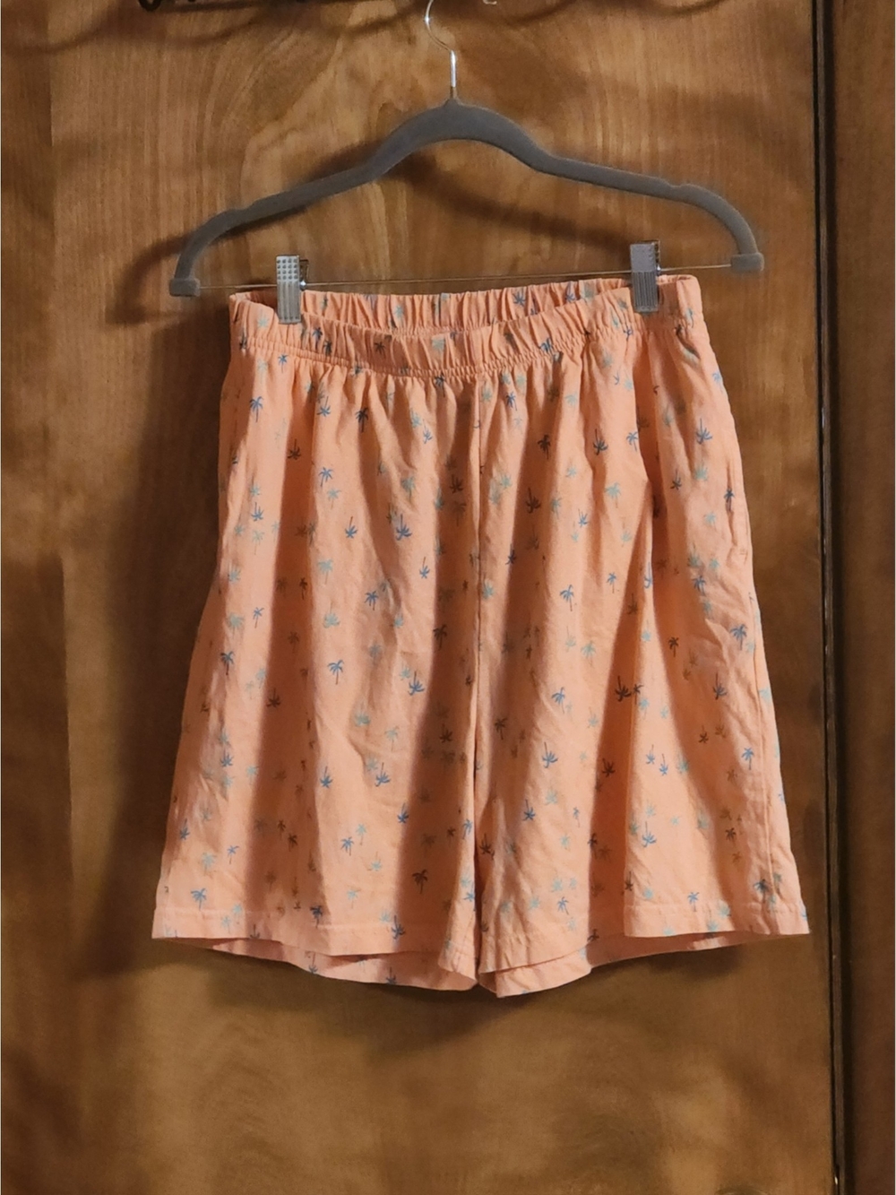Vintage Peach Coral Palm Tree Print Cotton Knit Shorts